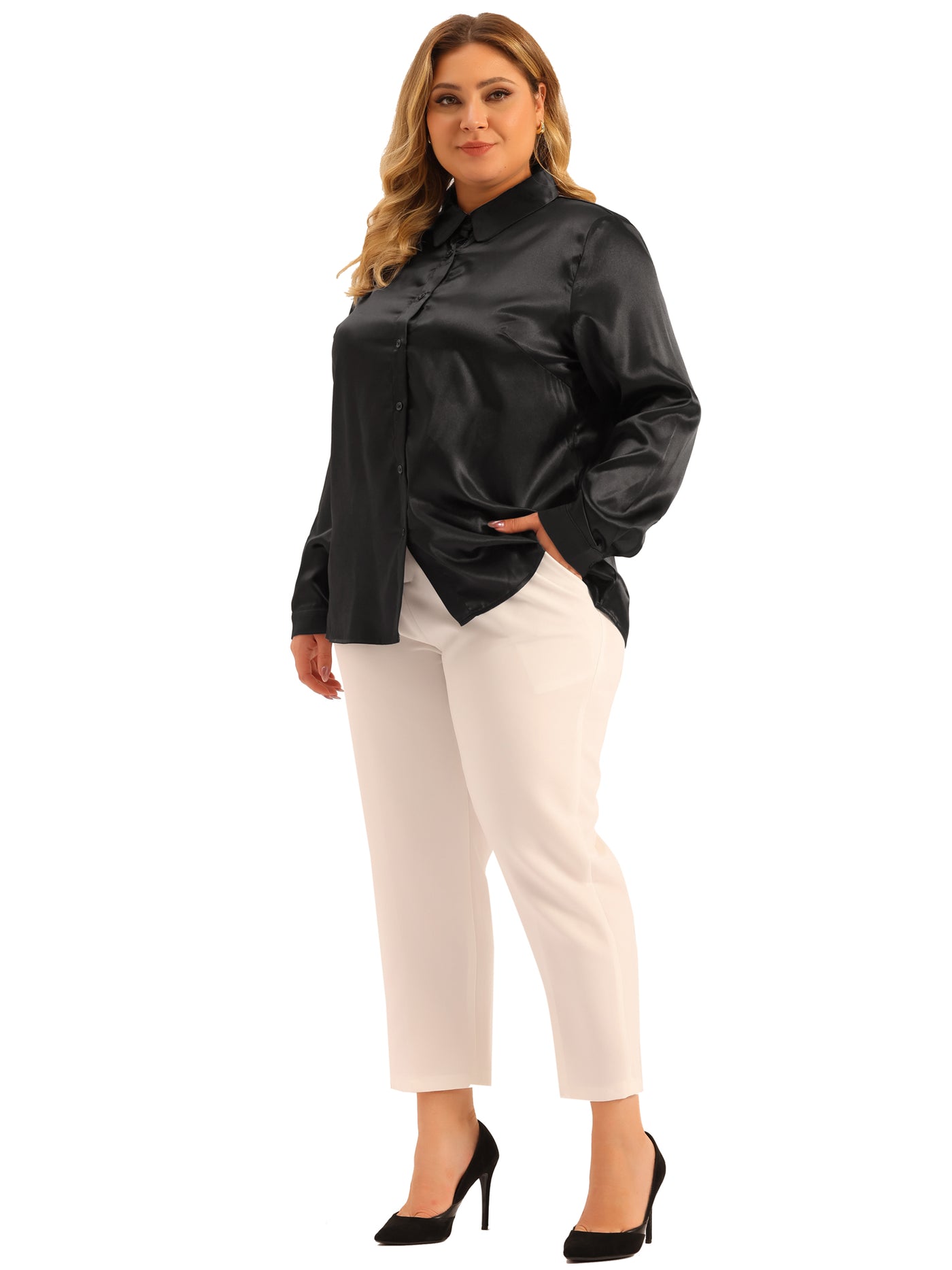 Bublédon Plus Size Work Collar Button Down Satin Shirt