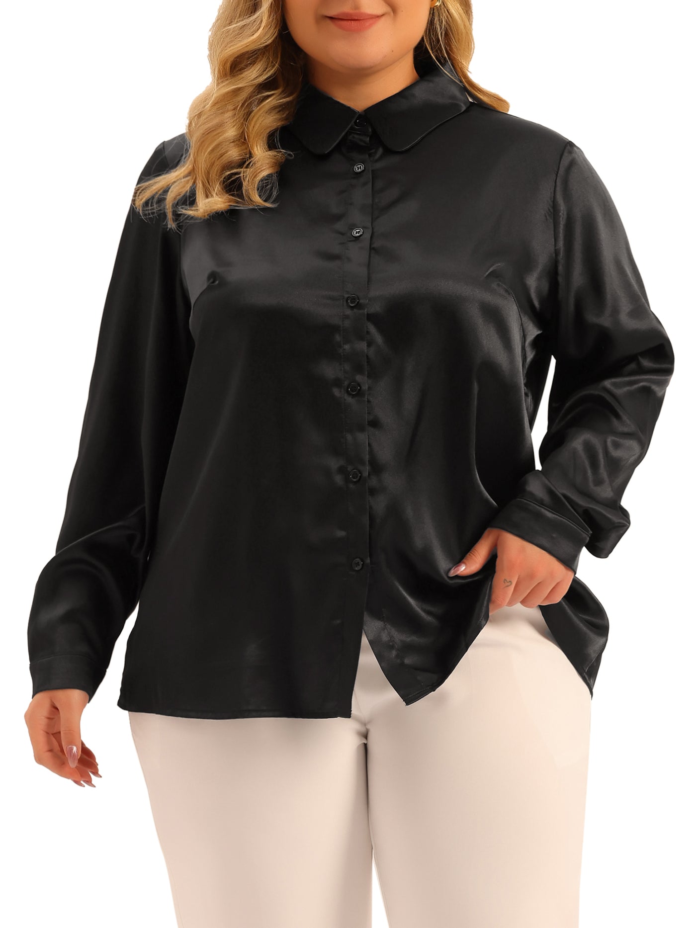 Bublédon Plus Size Work Collar Button Down Satin Shirt