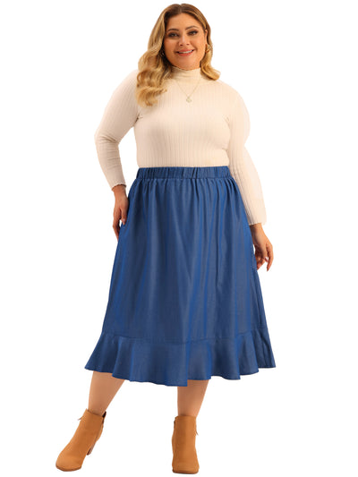 Bublédon Plus Size Midi Skirt For Women Elastic Waist Denim Tiered Pleated Hem Chambray Skirts