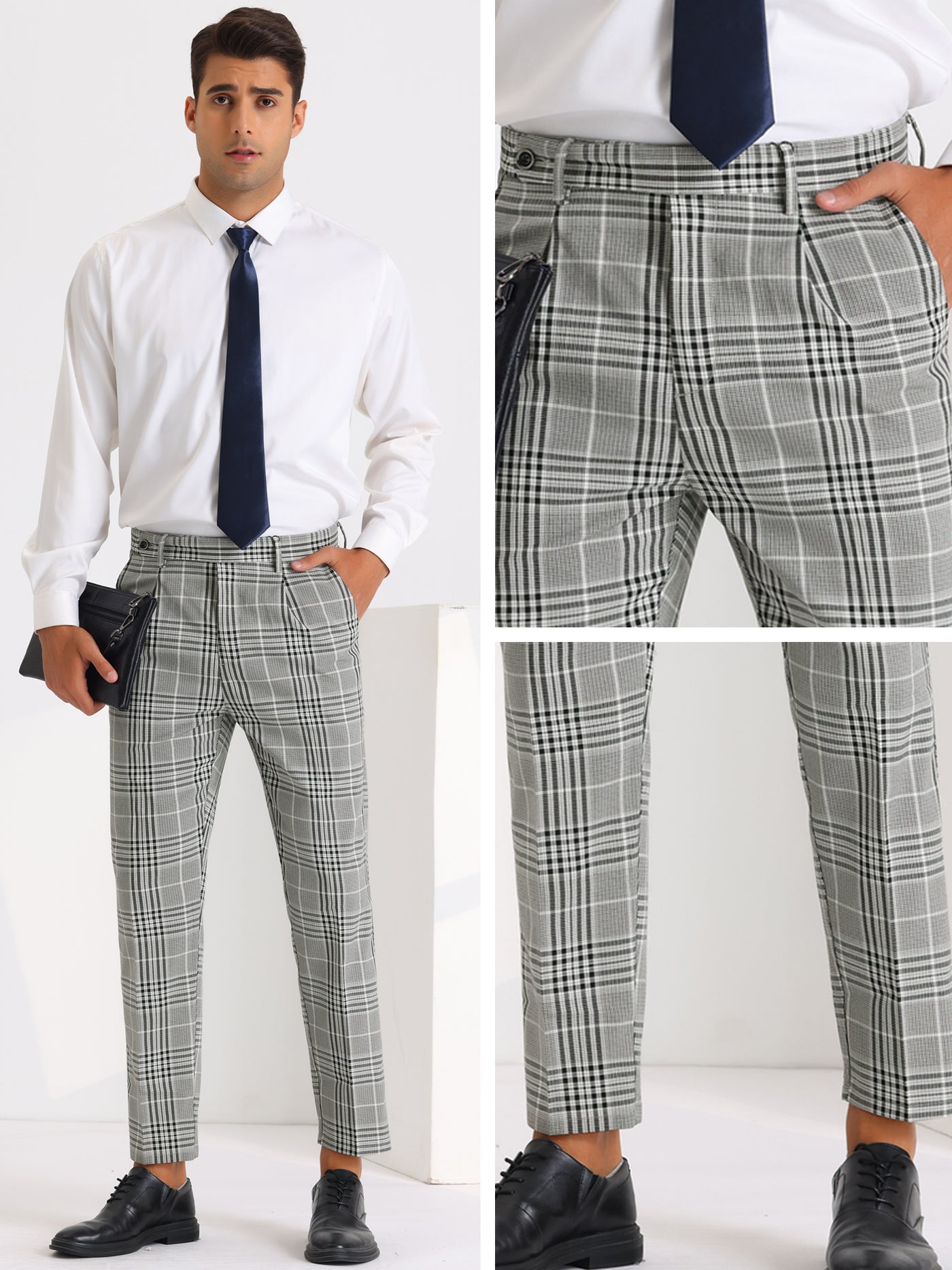 Bublédon Men's Expandable Waist Pleated Formal Plaid Pants