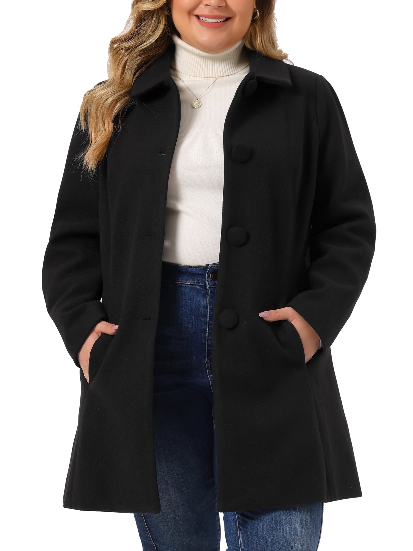 Bublédon Women's Plus Size Coat Turndown Collar Full Lined Side Pocket Single Breasted Coats