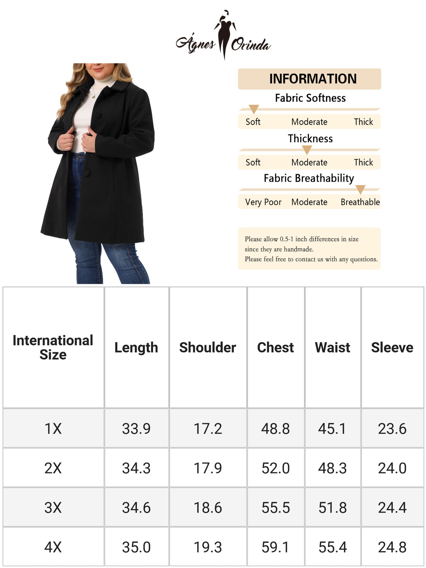 Bublédon Women's Plus Size Coat Turndown Collar Full Lined Side Pocket Single Breasted Coats