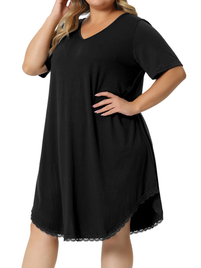 Plus Size Pajama Dress for Women V Neck Short Sleeve Lace Trim Hem Loose Tshirt Nightgown Sleepwear