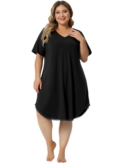 Plus Size Pajama Dress for Women V Neck Short Sleeve Lace Trim Hem Loose Tshirt Nightgown Sleepwear