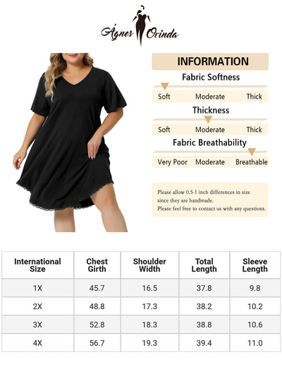 Plus Size Pajama Dress for Women V Neck Short Sleeve Lace Trim Hem Loose Tshirt Nightgown Sleepwear