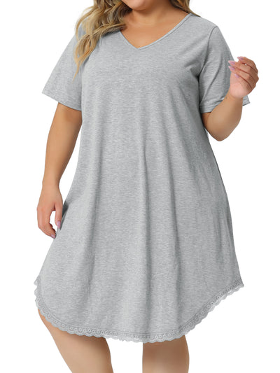 Plus Size Pajama Dress for Women V Neck Short Sleeve Lace Trim Hem Loose Tshirt Nightgown Sleepwear