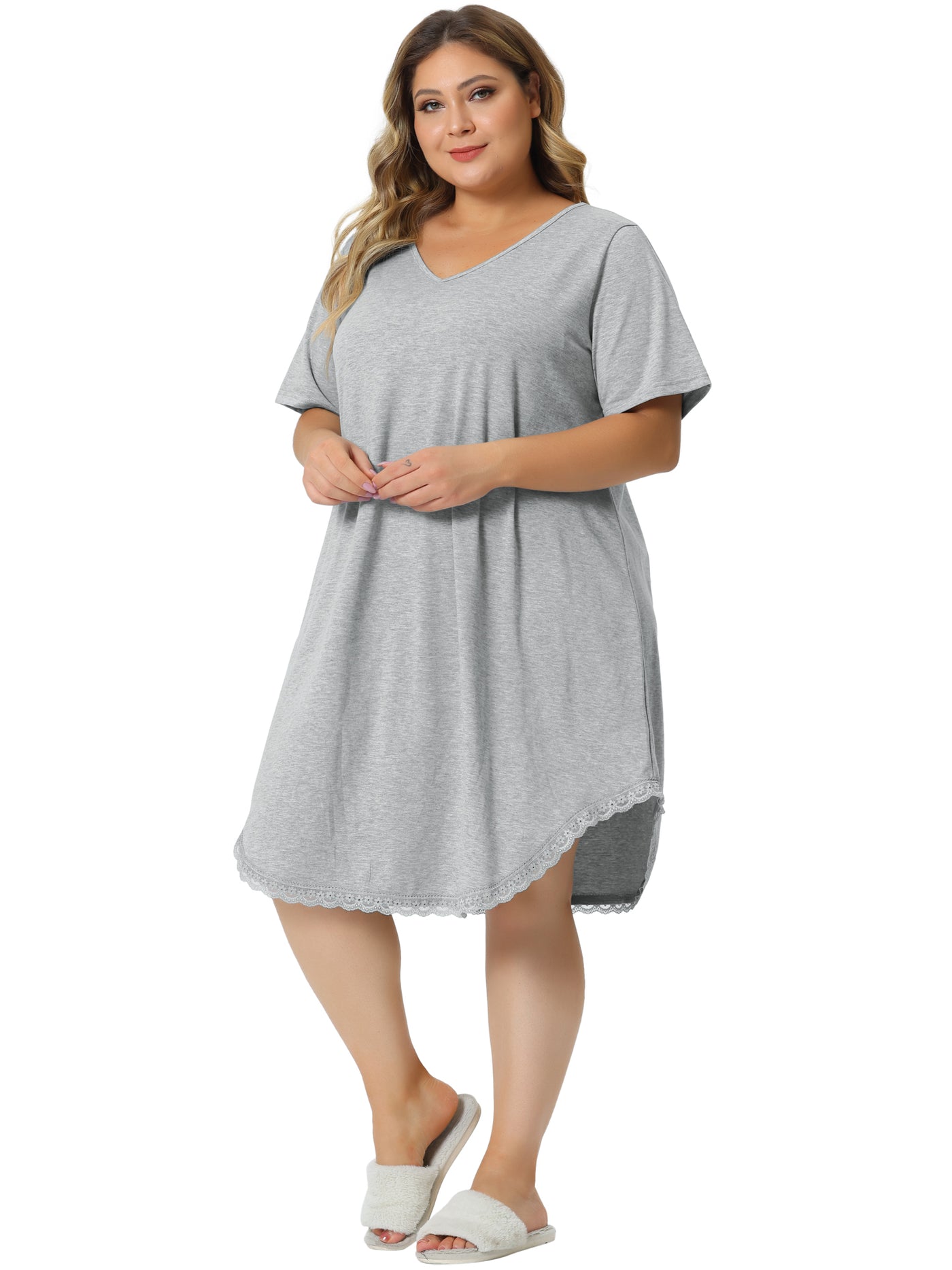 Bublédon Plus Size Pajama Dress for Women V Neck Short Sleeve Lace Trim Hem Loose Tshirt Nightgown Sleepwear