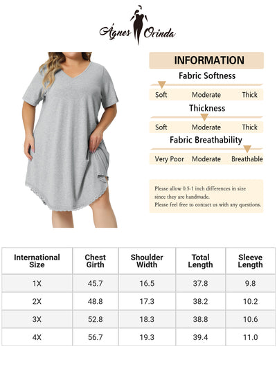 Plus Size Pajama Dress for Women V Neck Short Sleeve Lace Trim Hem Loose Tshirt Nightgown Sleepwear