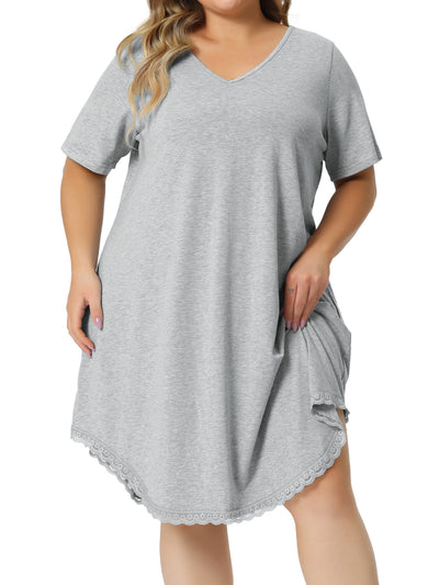 Plus Size Pajama Dress for Women V Neck Short Sleeve Lace Trim Hem Loose Tshirt Nightgown Sleepwear