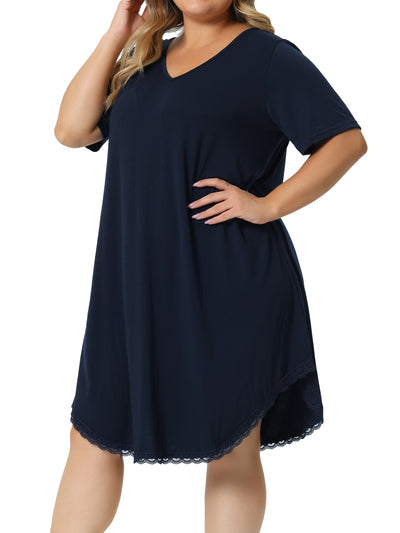 Plus Size Pajama Dress for Women V Neck Short Sleeve Lace Trim Hem Loose Tshirt Nightgown Sleepwear