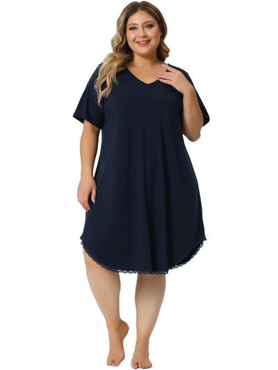 Plus Size Pajama Dress for Women V Neck Short Sleeve Lace Trim Hem Loose Tshirt Nightgown Sleepwear