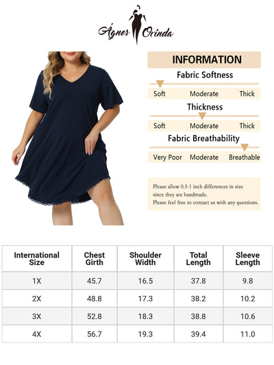 Plus Size Pajama Dress for Women V Neck Short Sleeve Lace Trim Hem Loose Tshirt Nightgown Sleepwear