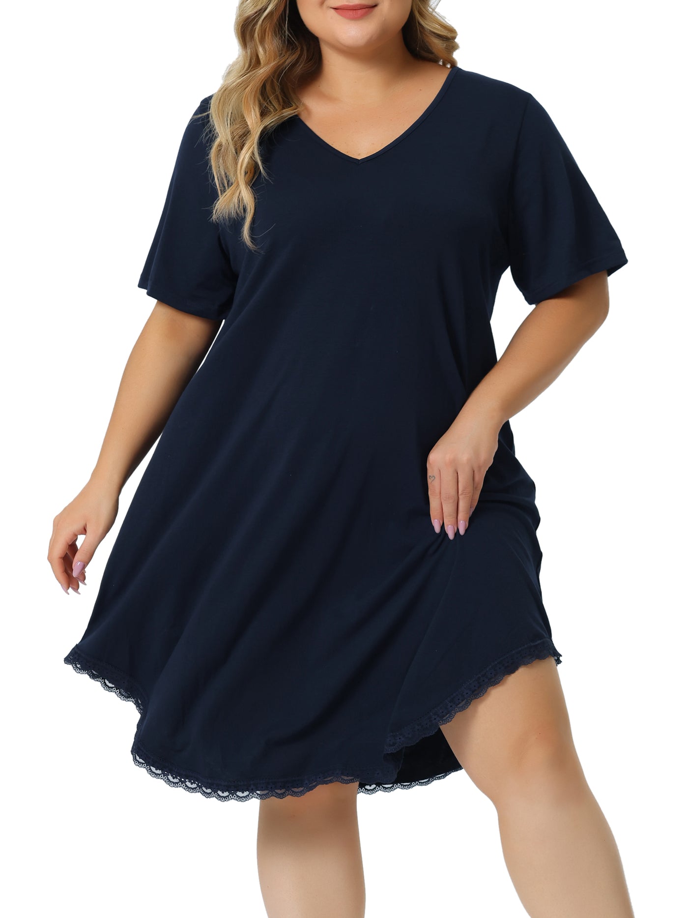 Bublédon Plus Size Pajama Dress for Women V Neck Short Sleeve Lace Trim Hem Loose Tshirt Nightgown Sleepwear