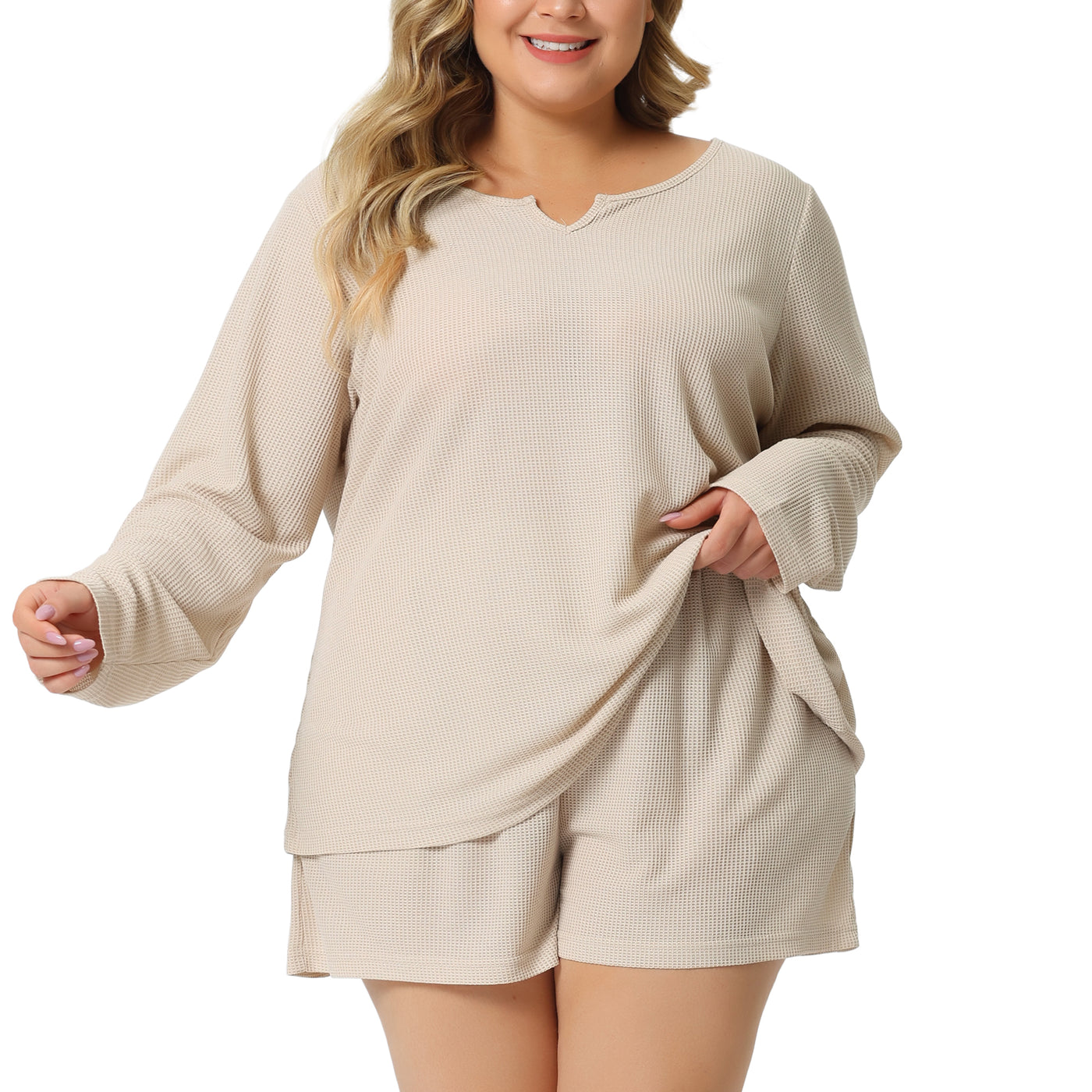 Bublédon Plus Size Loungewear for Women Waffle 2 Piece Long Sleeved Tops and Shorts Pajama Sweatsuits Sets