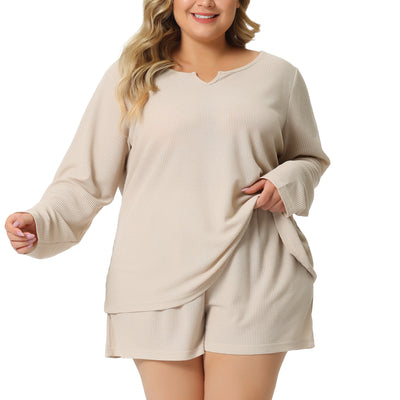 Plus Size Loungewear for Women Waffle 2 Piece Long Sleeved Tops and Shorts Pajama Sweatsuits Sets