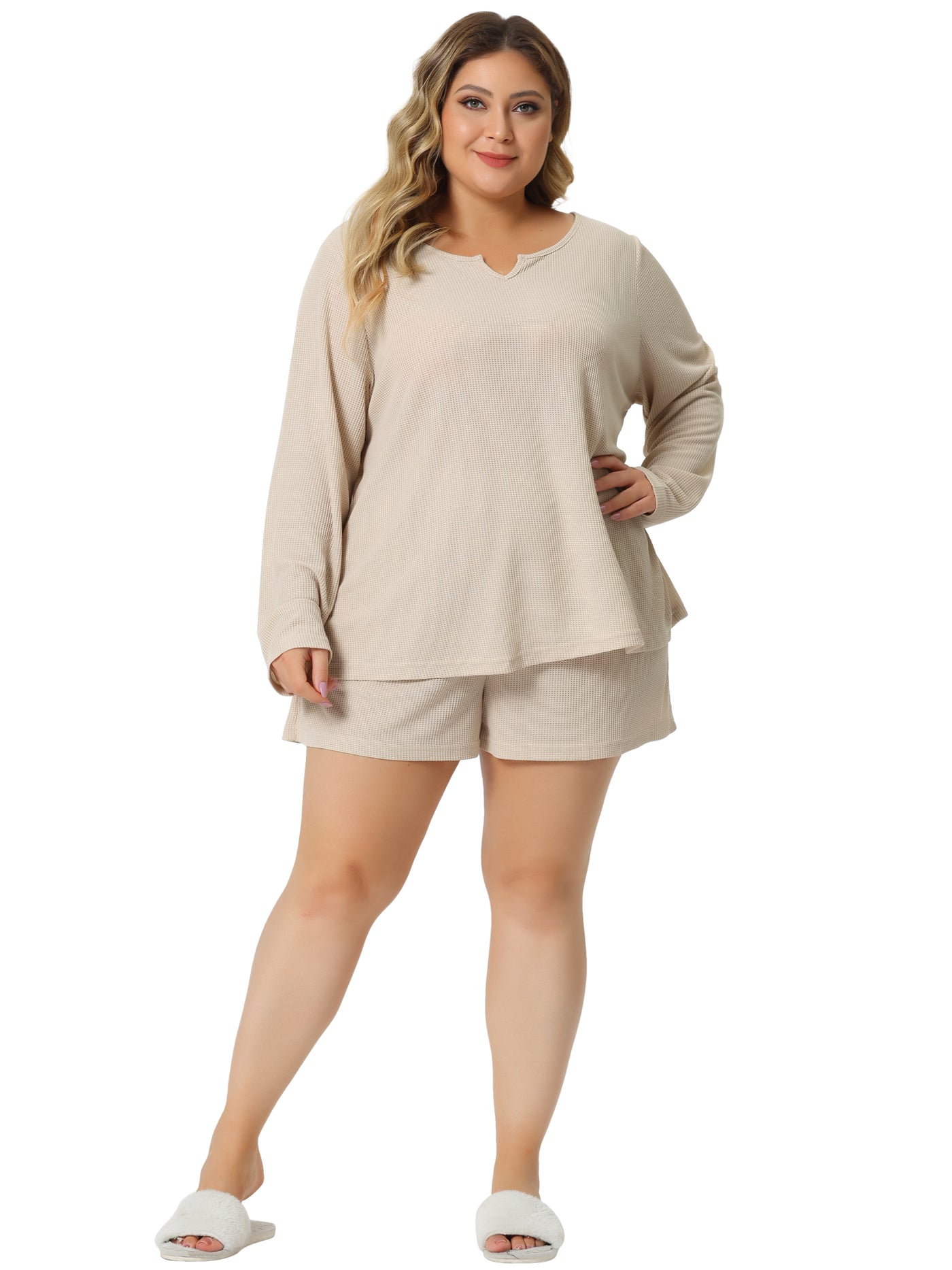 Bublédon Plus Size Loungewear for Women Waffle 2 Piece Long Sleeved Tops and Shorts Pajama Sweatsuits Sets