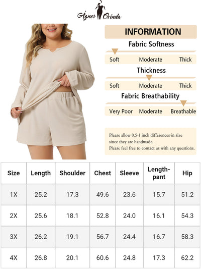 Plus Size Loungewear for Women Waffle 2 Piece Long Sleeved Tops and Shorts Pajama Sweatsuits Sets