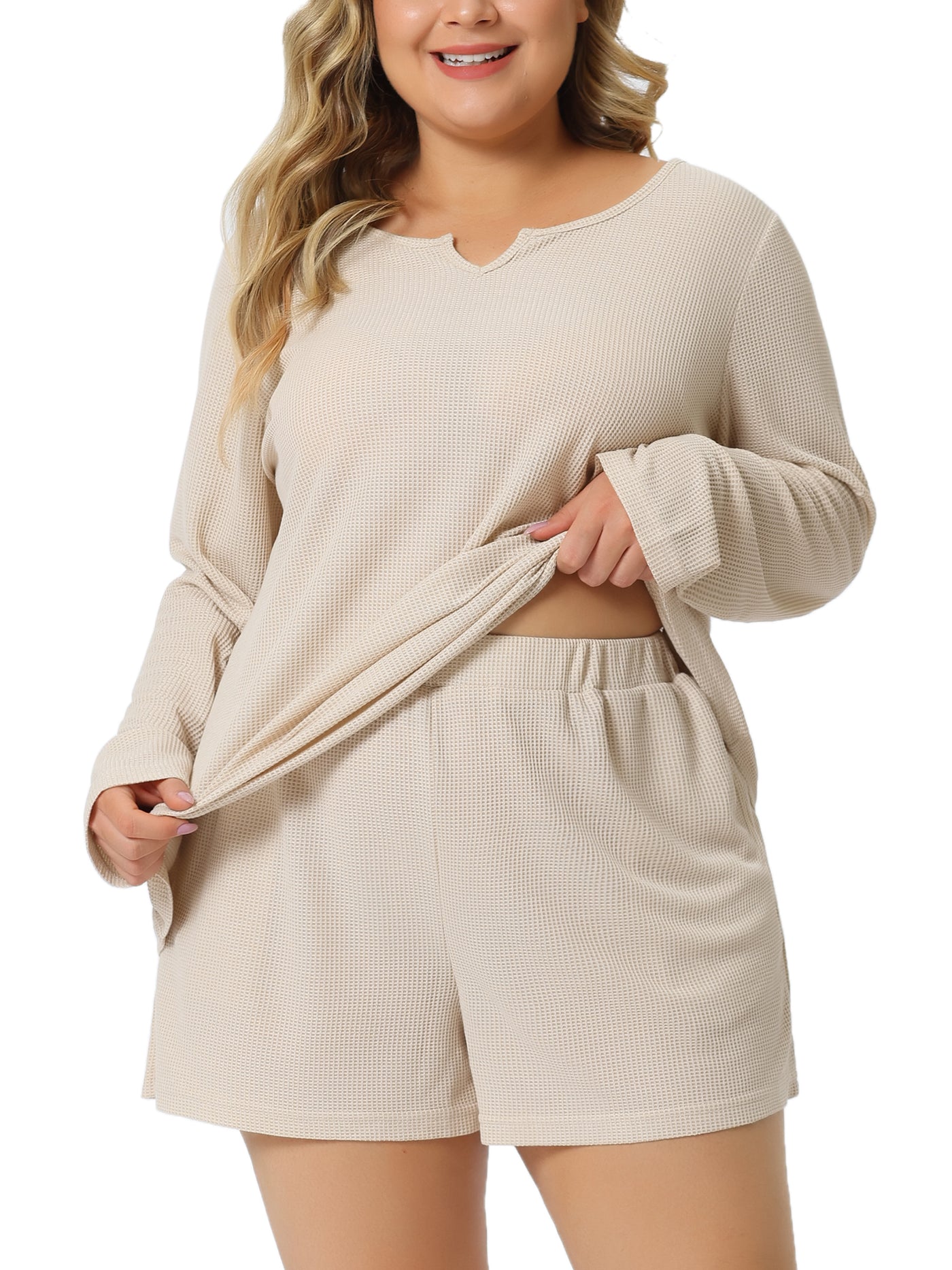 Bublédon Plus Size Loungewear for Women Waffle 2 Piece Long Sleeved Tops and Shorts Pajama Sweatsuits Sets