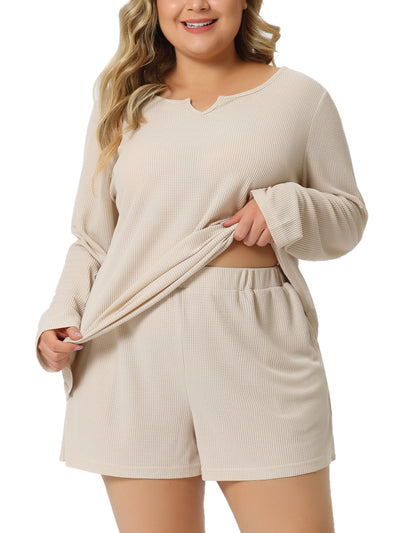 Plus Size Loungewear for Women Waffle 2 Piece Long Sleeved Tops and Shorts Pajama Sweatsuits Sets