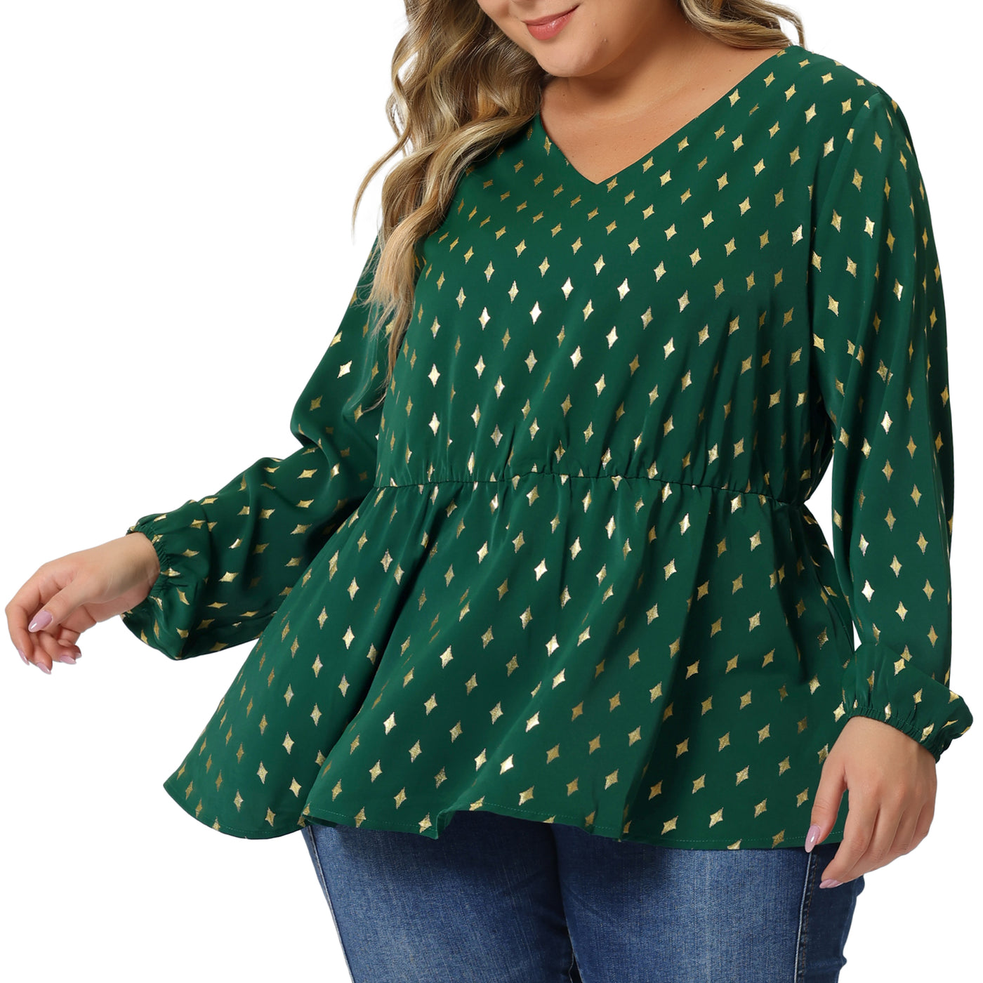 Bublédon Plus Size Blouses for Women Long Sleeve V Neck Geometric Print Ruffled Elastic Waist Tunic Tops