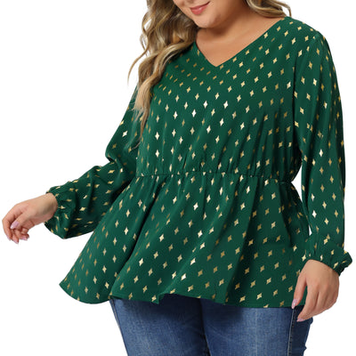 Plus Size Blouses for Women Long Sleeve V Neck Geometric Print Ruffled Elastic Waist Tunic Tops