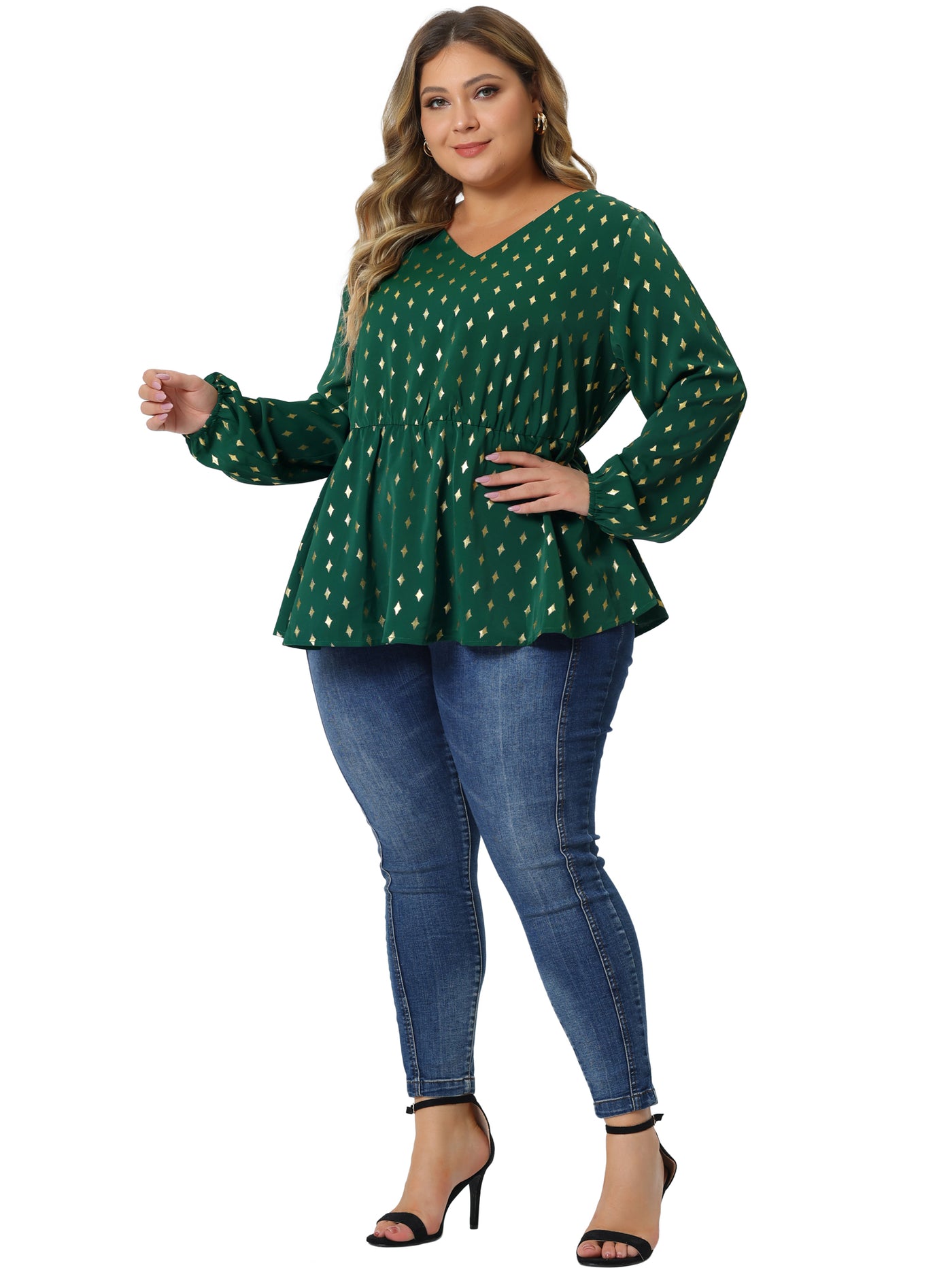 Bublédon Plus Size Blouses for Women Long Sleeve V Neck Geometric Print Ruffled Elastic Waist Tunic Tops