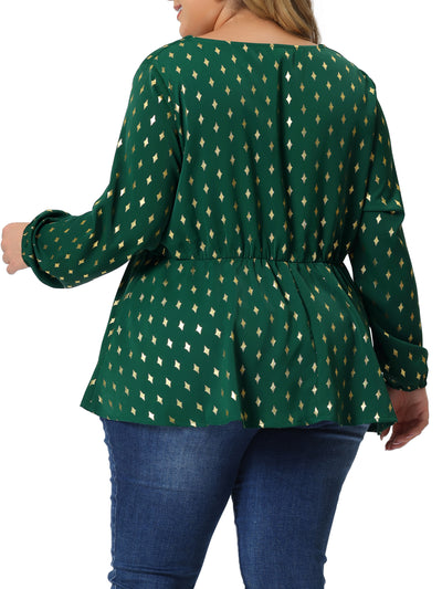 Plus Size Blouses for Women Long Sleeve V Neck Geometric Print Ruffled Elastic Waist Tunic Tops