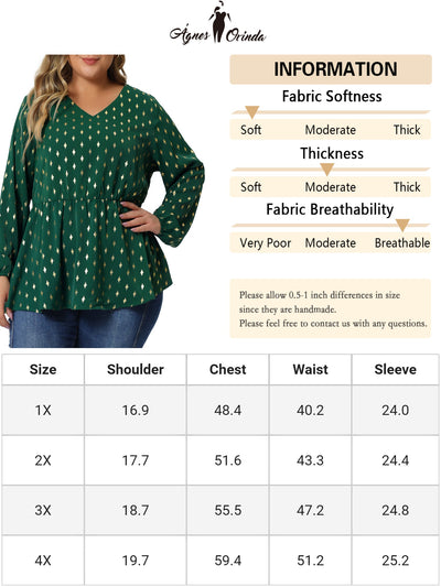 Plus Size Blouses for Women Long Sleeve V Neck Geometric Print Ruffled Elastic Waist Tunic Tops