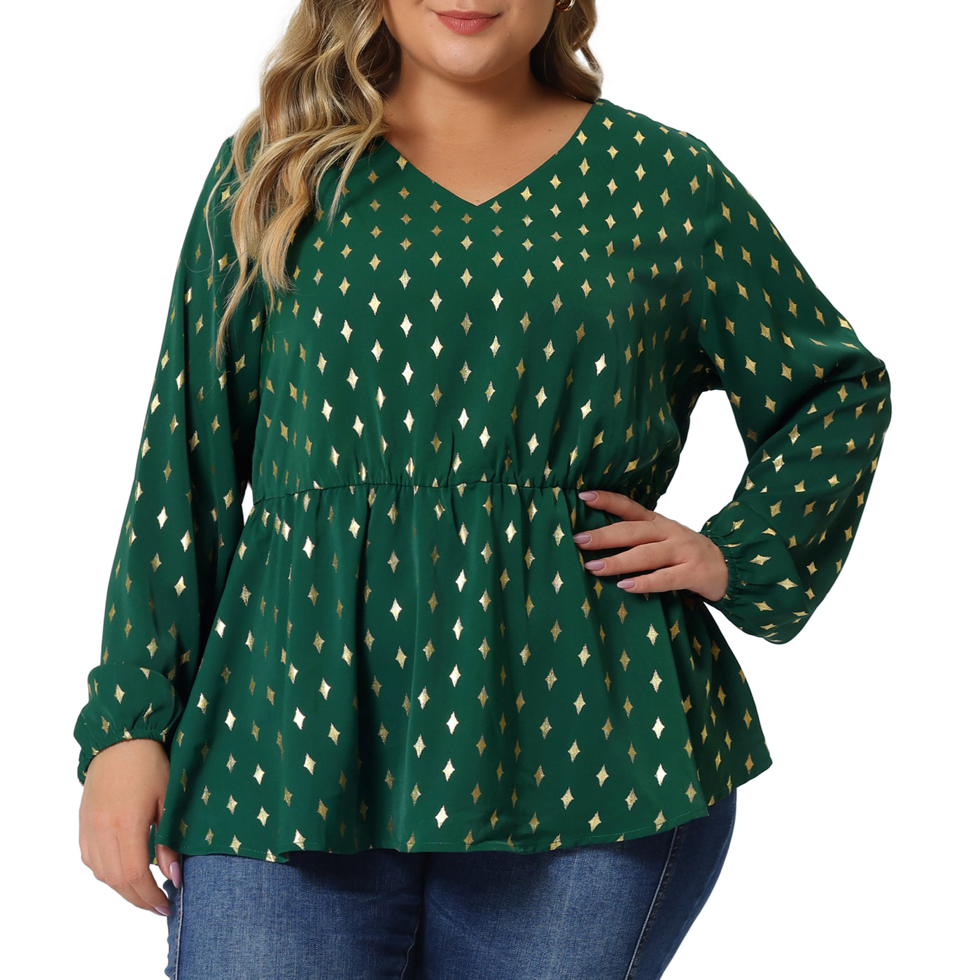 Bublédon Plus Size Blouses for Women Long Sleeve V Neck Geometric Print Ruffled Elastic Waist Tunic Tops