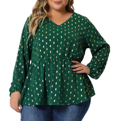 Plus Size Blouses for Women Long Sleeve V Neck Geometric Print Ruffled Elastic Waist Tunic Tops