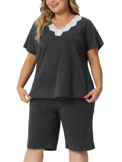 Pajamas Set for Women Plus Size Short Sleeve V Neck Elastic Waist Sleepwear 2 Piece Nightgown