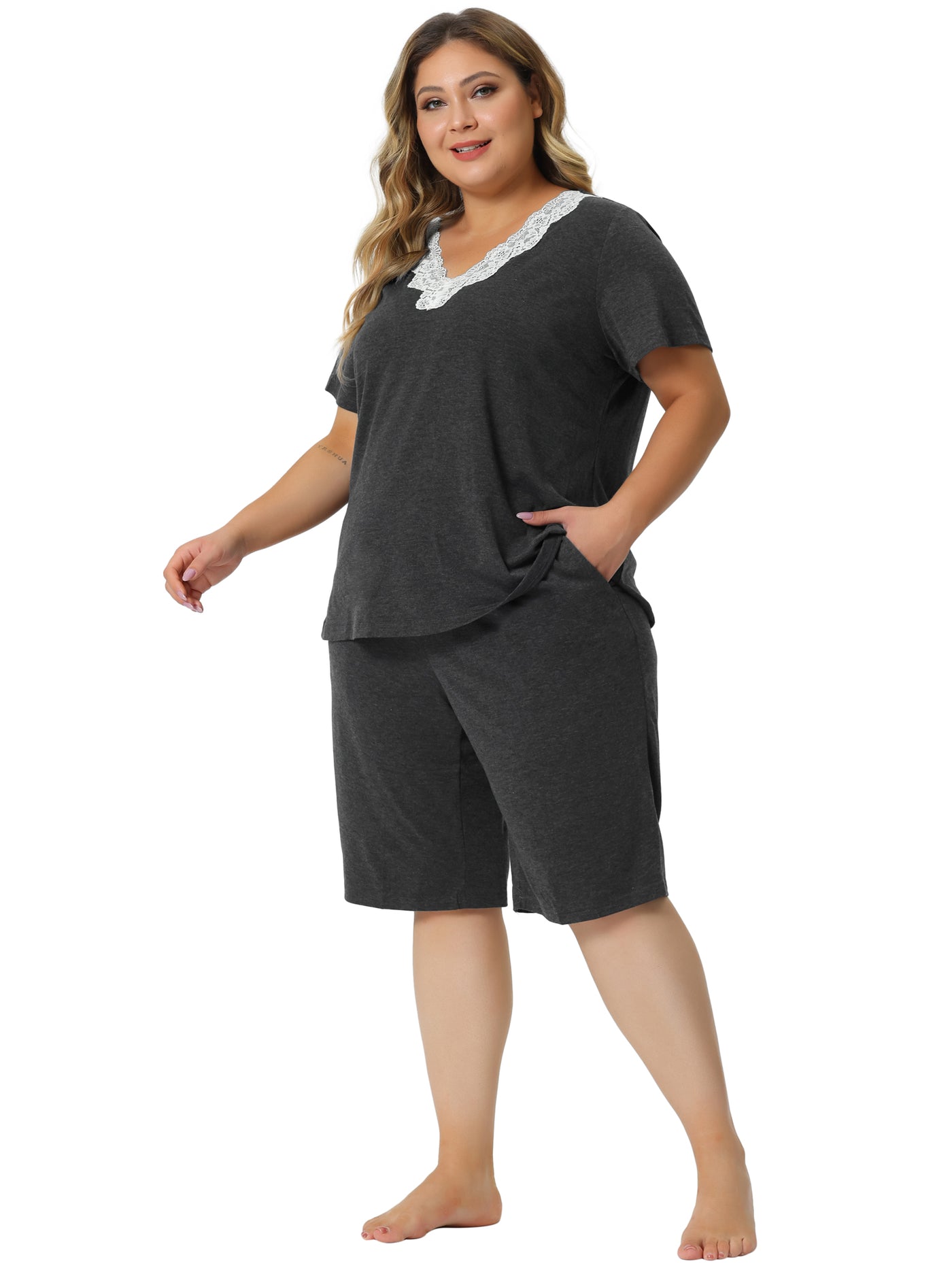 Bublédon Pajamas Set for Women Plus Size Short Sleeve V Neck Elastic Waist Sleepwear 2 Piece Nightgown