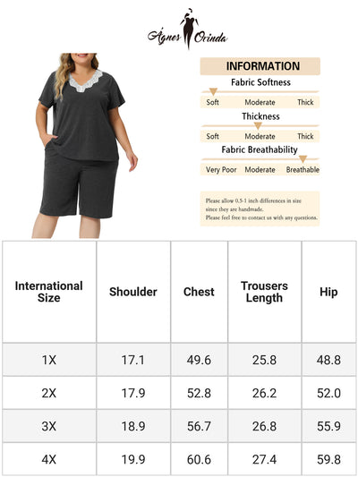 Pajamas Set for Women Plus Size Short Sleeve V Neck Elastic Waist Sleepwear 2 Piece Nightgown