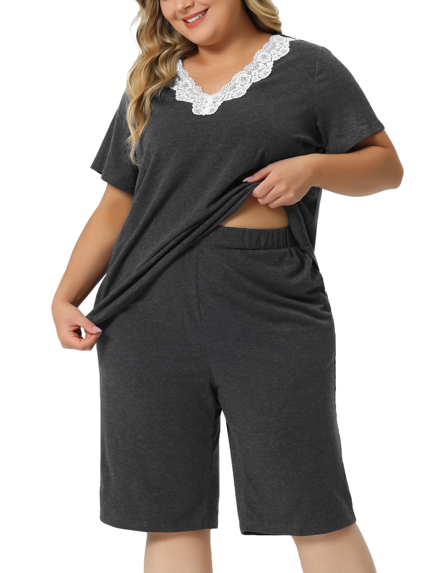 Bublédon Pajamas Set for Women Plus Size Short Sleeve V Neck Elastic Waist Sleepwear 2 Piece Nightgown