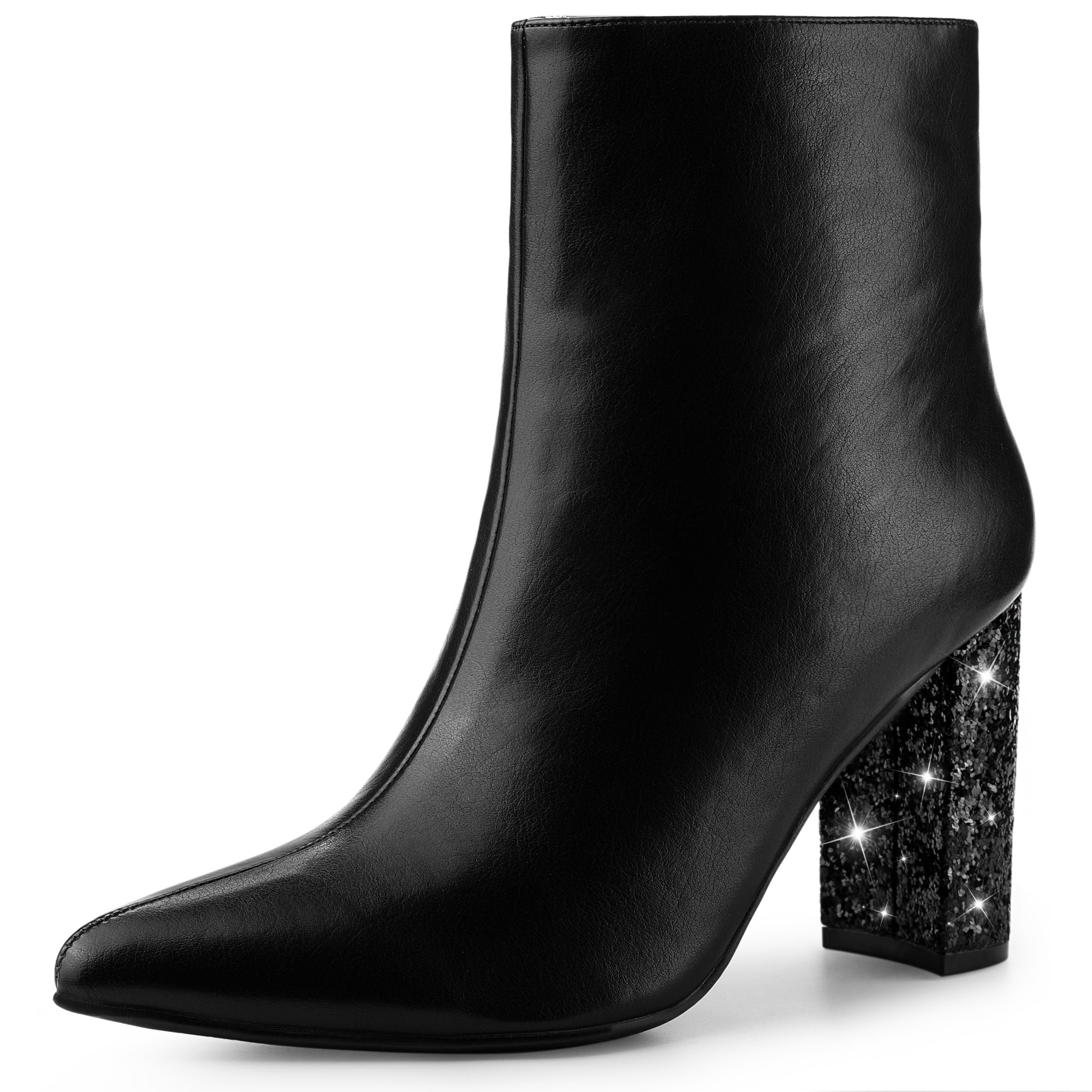 Glitter Heel Pointy Toe Zipper Chunky Heels Ankle Boots for Women ...