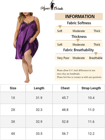 Plus Size Nightgown for Women Satin Camisole V-Neck Sleeveles Lace Trim Lingerie Dress Sleepwear