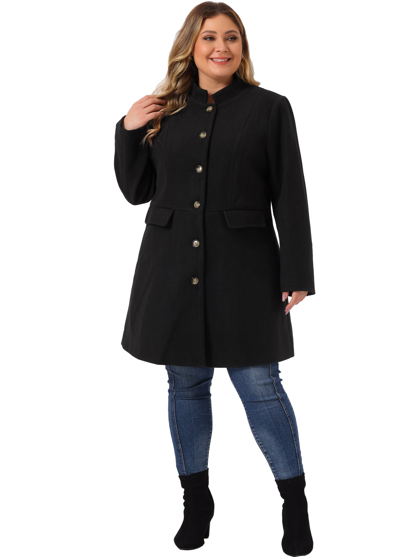 Bublédon Plus Size Elegant Mid-thigh Stand Collar Winter Single Breasted Coat