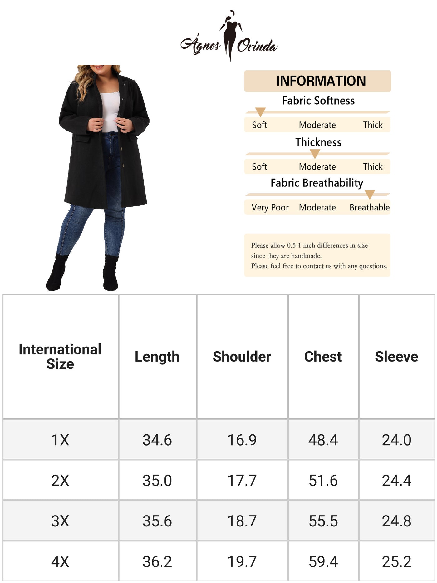 Bublédon Plus Size Elegant Mid-thigh Stand Collar Winter Single Breasted Coat