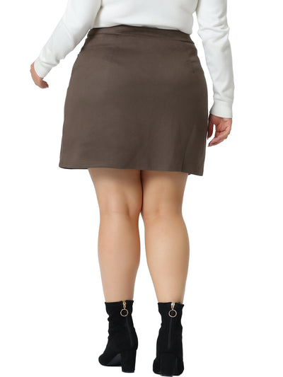 Plus Size A-Line Skirt for Women Faux Suede Button Front Half Placket Pockets High Waist Mini Skirts