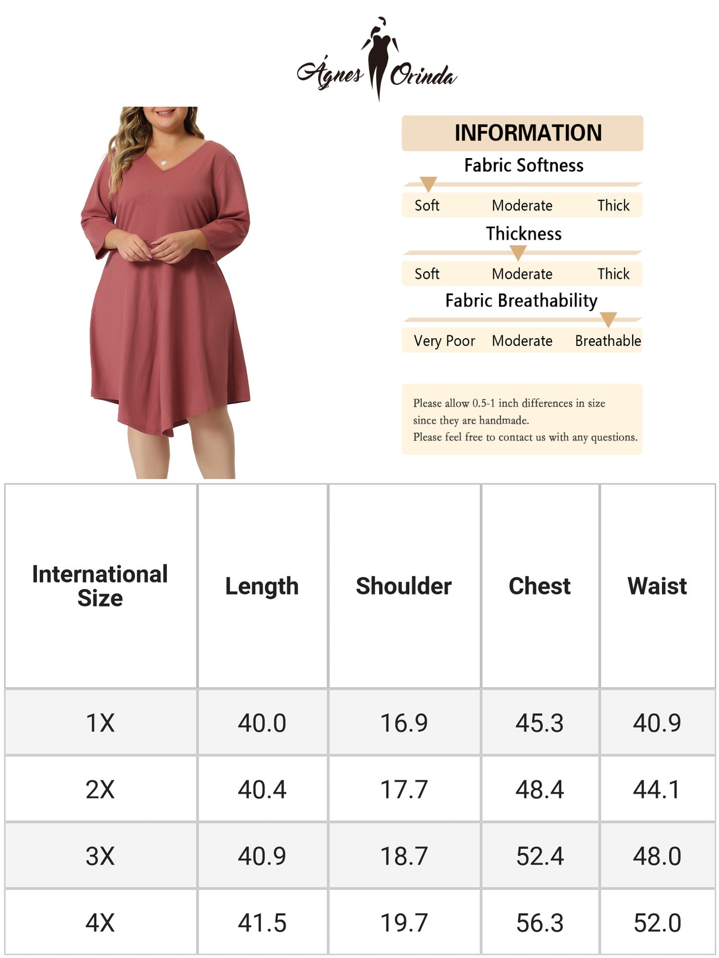 Bublédon Plus Size Midi Dress for Women V Neck 3/4 Sleeve Casual Swing Loose A-Line Dresses