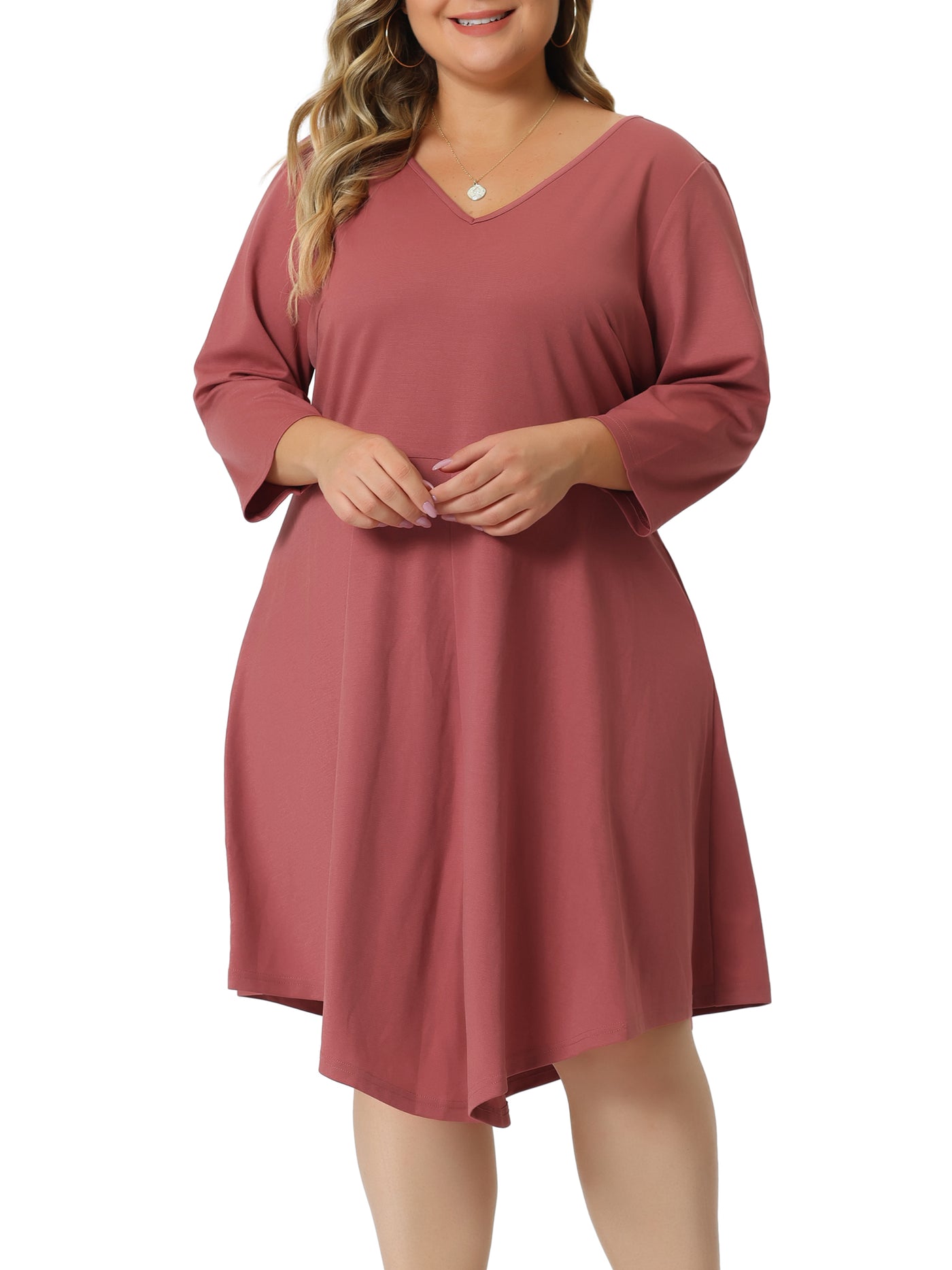 Bublédon Plus Size Midi Dress for Women V Neck 3/4 Sleeve Casual Swing Loose A-Line Dresses