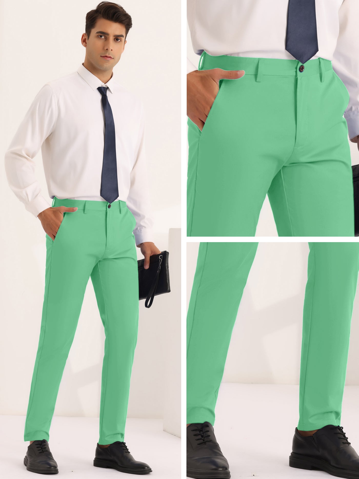 Bublédon Dress Pants for Men's Solid Slim Fit Stretch Flat Front Work Chino Trousers