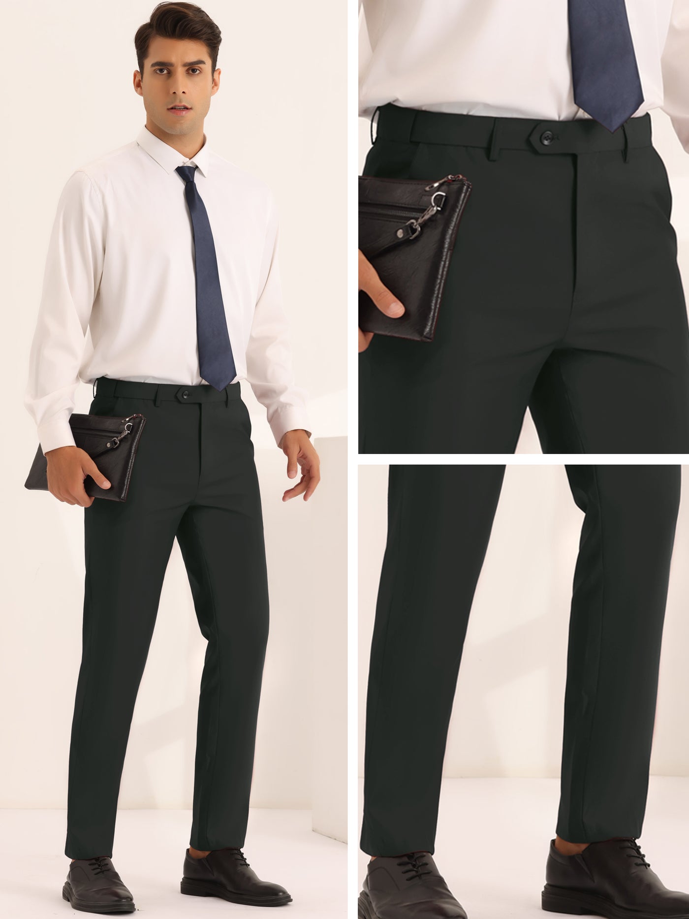 Bublédon Dress Pants for Men's Classic Fit Solid Stretch Flat Front Work Business Trousers