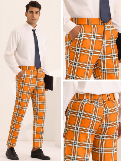 Business Plaid Pants for Men's Slim Fit Flat Front Wedding Checked Trousers