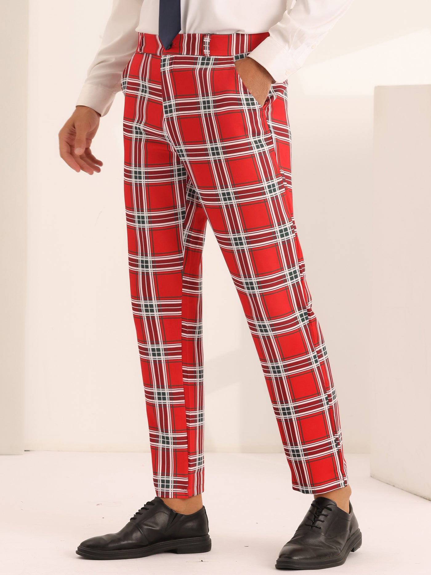 Bublédon Business Plaid Pants for Men's Slim Fit Flat Front Wedding Checked Trousers