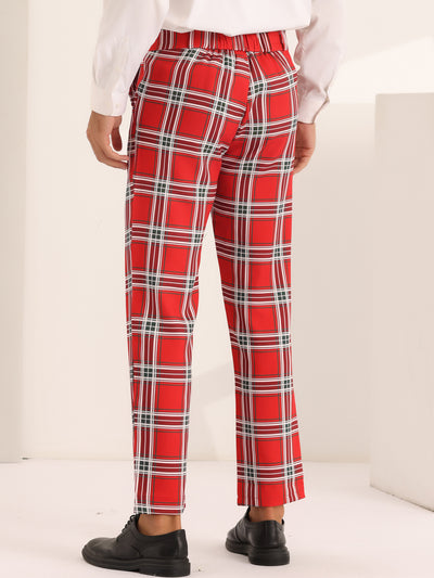 Business Plaid Pants for Men's Slim Fit Flat Front Wedding Checked Trousers