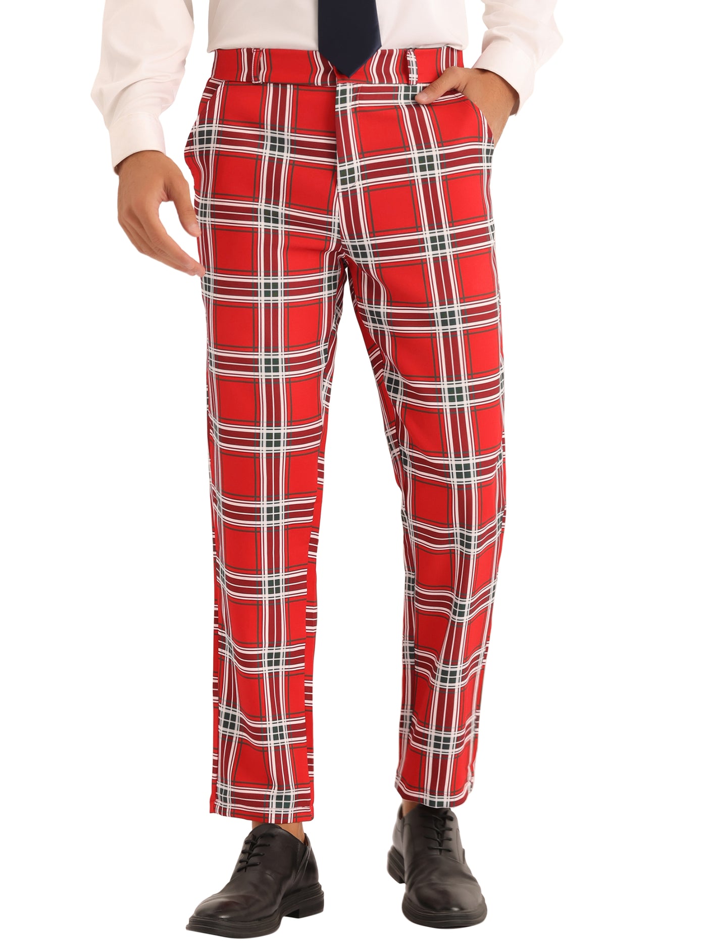 Bublédon Business Plaid Pants for Men's Slim Fit Flat Front Wedding Checked Trousers