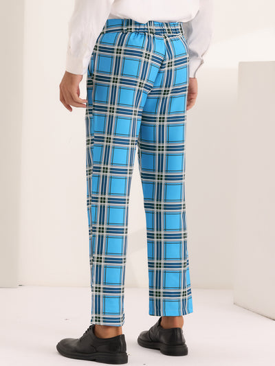 Business Plaid Pants for Men's Slim Fit Flat Front Wedding Checked Trousers