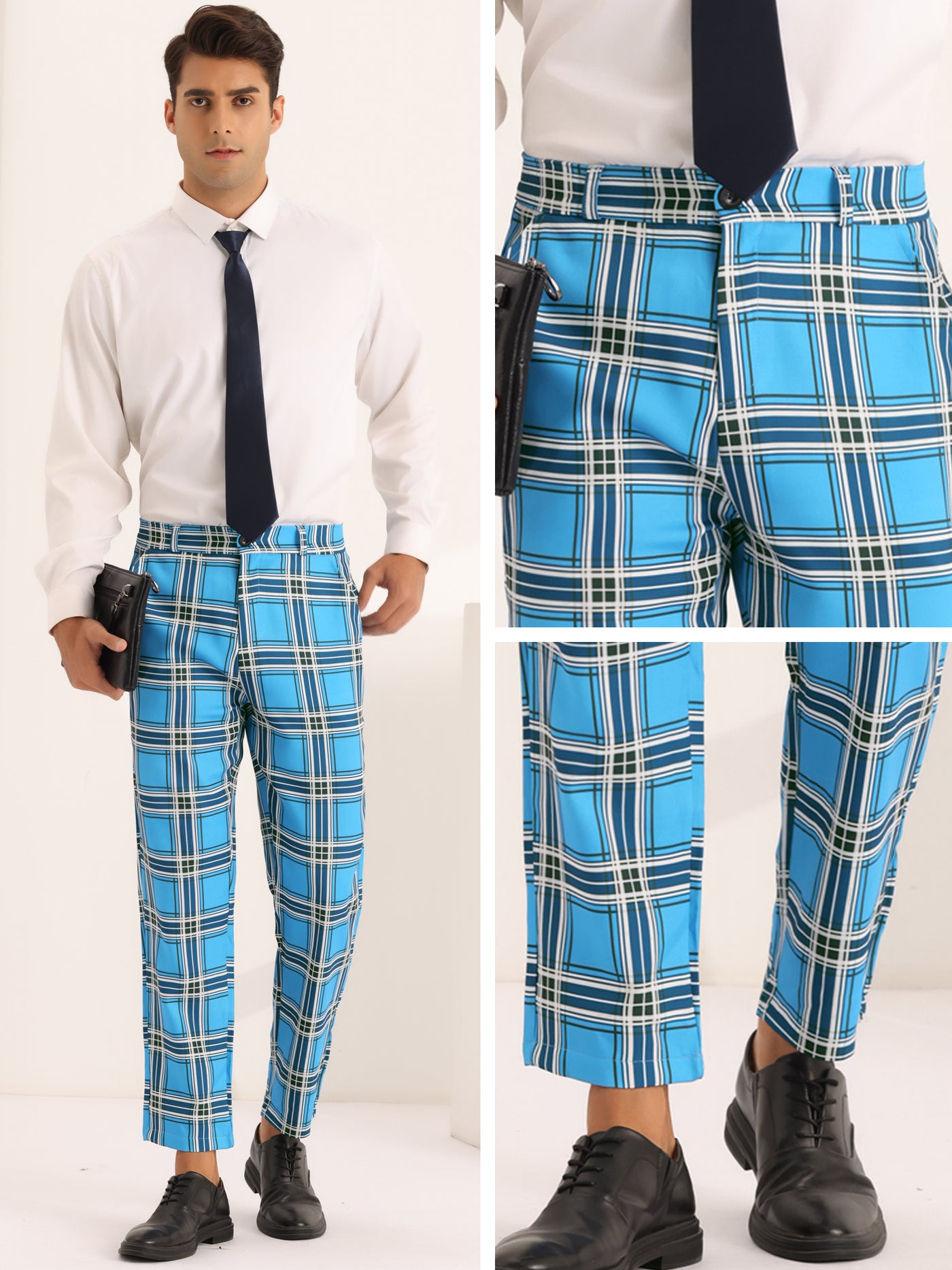 Bublédon Business Plaid Pants for Men's Slim Fit Flat Front Wedding Checked Trousers