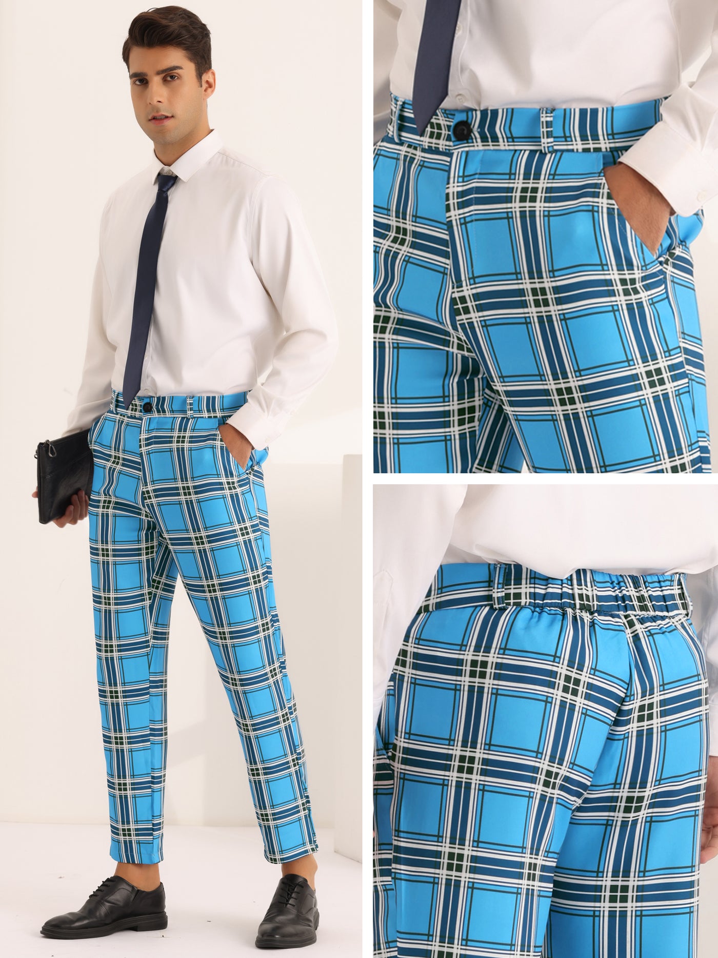 Bublédon Business Plaid Pants for Men's Slim Fit Flat Front Wedding Checked Trousers